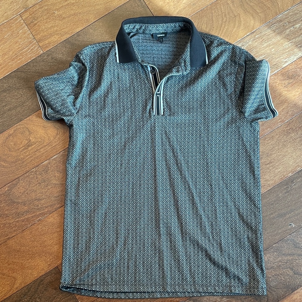 Express Black and Gray Patterned Polo Shirt